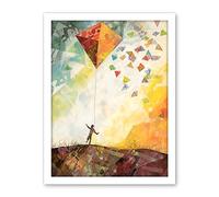 Artery8 Child Flying Big Kite in Rainbow Colour Sunset Sky Artwork Framed Wall Art Print 18X24 Inch