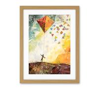Artery8 Child Flying Big Kite in Rainbow Colour Sunset Sky Artwork Framed Wall Art Print 18X24 Inch