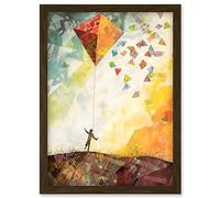 Artery8 Child Flying Big Kite in Rainbow Colour Sunset Sky Artwork Framed Wall Art Print A4