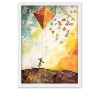 Artery8 Child Flying Big Kite in Rainbow Colour Sunset Sky Artwork Framed Wall Art Print A4