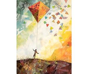 Artery8 Child Flying Big Kite in Rainbow Colour Sunset Sky Extra Large XL Wall Art Poster Print