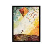 Artery8 Child Flying Big Kite In Rainbow Sky Framed Canvas Wall Art Print | Size: W12" x H16" Artery8 Multicolor W12" x H16"