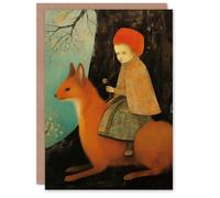 Artery8 Birthday Card Child Riding Weasel Surreal Medieval Painting Blank Arty Art All Occasion Greeting Card