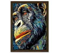 Artery8 Chimpanzee Acrylic Painting Vibrant Blue Orange Green Pattern Portrait Modern Pop Art Artwork Framed A3 Wall Art Print