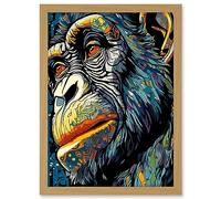 Artery8 Chimpanzee Acrylic Painting Vibrant Blue Orange Green Pattern Portrait Modern Pop Art Artwork Framed A3 Wall Art Print