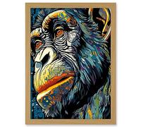 Artery8 Chimpanzee Acrylic Painting Vibrant Blue Orange Green Pattern Portrait Modern Pop Art Artwork Framed Wall Art Print A4
