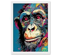 Artery8 Chimpanzee Acrylic Painting Vibrant Psychedelic Pattern Portrait Modern Artwork Framed A3 Wall Art Print