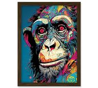 Artery8 Chimpanzee Acrylic Painting Vibrant Psychedelic Pattern Portrait Modern Artwork Framed Wall Art Print A4