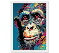 Artery8 Chimpanzee Acrylic Painting Vibrant Psychedelic Pattern Portrait Modern Artwork Framed Wall Art Print A4