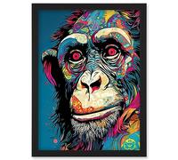 Artery8 Chimpanzee Acrylic Painting Vibrant Psychedelic Pattern Portrait Modern Artwork Framed Wall Art Print A4