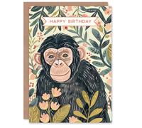 Artery8 Chimpanzee Ape Monkey in Floral Jungle Watercolour Blank For Him Or Her Art Birthday Card