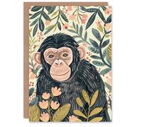 Artery8 Chimpanzee Ape Monkey With Pink Flowers Watercolour Blank For Him Or Her Art Birthday Card