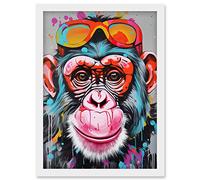 Chimpanzee Monkey With Sunglasses Graffiti Pop Art Artwork Framed Wall Art Print A4 Artery8 White One Size