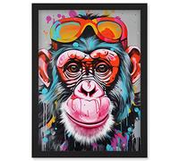 Artery8 Chimpanzee Monkey With Sunglasses Graffiti Pop Art Artwork Framed Wall Art Print A4