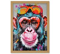 Chimpanzee Monkey With Sunglasses Graffiti Pop Art Artwork Framed Wall Art Print A4 Artery8 Light Oak One Size
