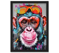 Artery8 Chimpanzee Monkey With Sunglasses Graffiti Pop Art Artwork Framed Wall Art Print A4