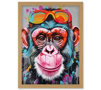 Chimpanzee Monkey With Sunglasses Graffiti Pop Art Artwork Framed Wall Art Print A4 Artery8 Light Oak One Size