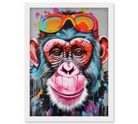 Chimpanzee Monkey With Sunglasses Graffiti Pop Art Artwork Framed Wall Art Print A4 Artery8 White One Size