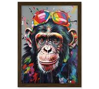 Artery8 Chimpanzee With Rainbow Sunglasses Modern Pop Art Artwork Framed A3 Wall Art Print