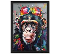 Artery8 Chimpanzee With Rainbow Sunglasses Modern Pop Art Artwork Framed Wall Art Print A4