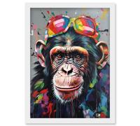 Artery8 Chimpanzee With Rainbow Sunglasses Modern Pop Art Artwork Framed Wall Art Print A4