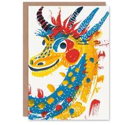 Artery8 Chinese Dragon Yellow Blue Red Paint Sketch Blank For Him Or Her Art Birthday Card