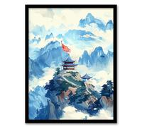Artery8 Chinese Temple Watercolour Mountain Forest For Living Room Artwork Framed Wall Art Print 18X24 Inch