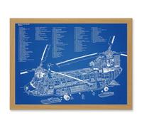 Chinook Helicopter CH-47D Military Transport Blueprint Plan Artwork Framed Wall Art Print A4 Artery8 Light Oak One Size