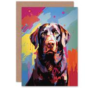 Artery8 Chocolate Labrador Retriever Dog Lover Gift Pet Portrait Colourful Artwork Painting Sealed Greeting Card Plus Envelope Blank inside