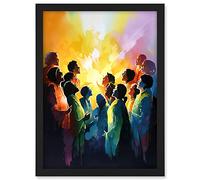 Artery8 Choir Women Singing by Bonfire Modern Rainbow Colour Watercolour Painting Artwork Framed A3 Wall Art Print