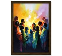 Artery8 Choir Women Singing by Bonfire Modern Rainbow Colour Watercolour Painting Artwork Framed A3 Wall Art Print