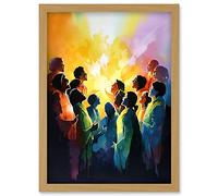 Artery8 Choir Women Singing by Bonfire Modern Rainbow Colour Watercolour Painting Artwork Framed Wall Art Print A4 in Light Oak Artery8 Light Oak