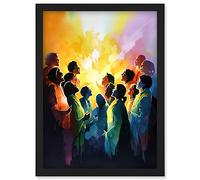 Artery8 Choir Women Singing by Bonfire Modern Rainbow Colour Watercolour Painting Artwork Framed Wall Art Print A4 in Black Artery8 Black