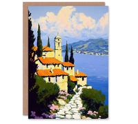 Artery8 Christian Church Coastal Cliff Italy Landscape Birthday Greeting Card in Blue Artery8 Blue