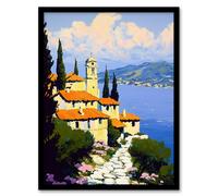 Artery8 Christian Church Coastal Cliff Italy Landscape Framed Art Print in Blue | Size: W12" x H16" Artery8 Blue W12" x H16"