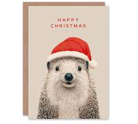 Artery8 Christmas Card Adorable Hedgehog Wearing a Santa Hat in Beige Artery8 Beige