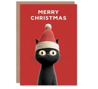 Artery8 Christmas Card Black Cat Lover Cute Pet Wearing Santa Hat