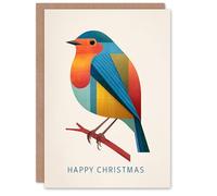 Artery8 Christmas Card Colourful Geometric Robin Bird On Branch