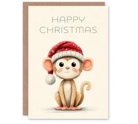 Artery8 Christmas Card Cute Baby Monkey Cartoon Wearing Santa Hat