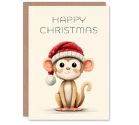 Artery8 Christmas Card Cute Baby Monkey Cartoon Wearing Santa Hat