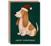 Artery8 Christmas Card Cute Brown Spotted Basset Hound Dog in Santa Hat