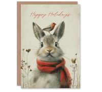 Artery8 Christmas Card Cute Bunny Rabbit Robin Bird Winter For Child Kids Son Daughter Greeting Card