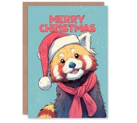 Artery8 Christmas Card Cute Cartoon Red Panda in Santa Hat Illustration