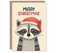 Artery8 Christmas Card Cute Cartoon Style Racoon In Santa Hat with Scarf
