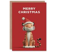 Artery8 Christmas Card Cute Cartoon Style Tiger Wearing Santa Hat