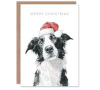 Artery8 Christmas Card Cute Collie Dog Wearing Santa Hat Watercolour