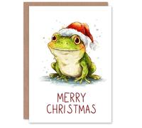 Artery8 Christmas Card Cute Happy Cartoon Green Frog In Santa Hat