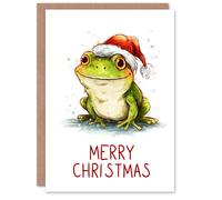 Artery8 Christmas Card Cute Happy Cartoon Green Frog In Santa Hat