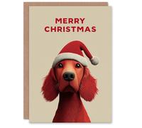 Artery8 Christmas Card Cute Irish Setter Dog Puppy Wearing Santa Hat in Red Artery8 Red