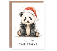 Artery8 Christmas Card Cute Panda Bear Wearing a Santa Hat Watercolour
